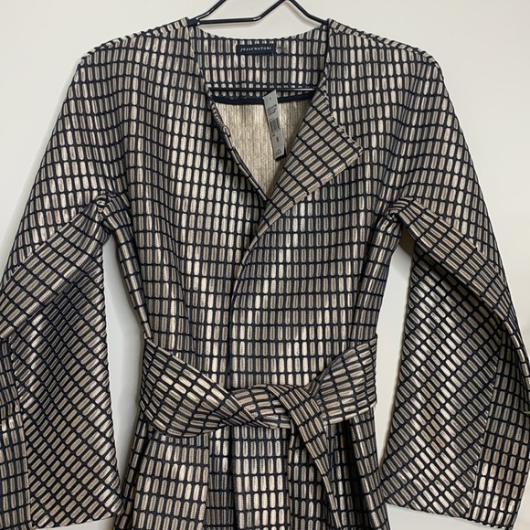 Josie Natori | NWT Tan Black Woven Metal Belted Kimono Style Jacket M MSRP $795 - Picture 11 of 17